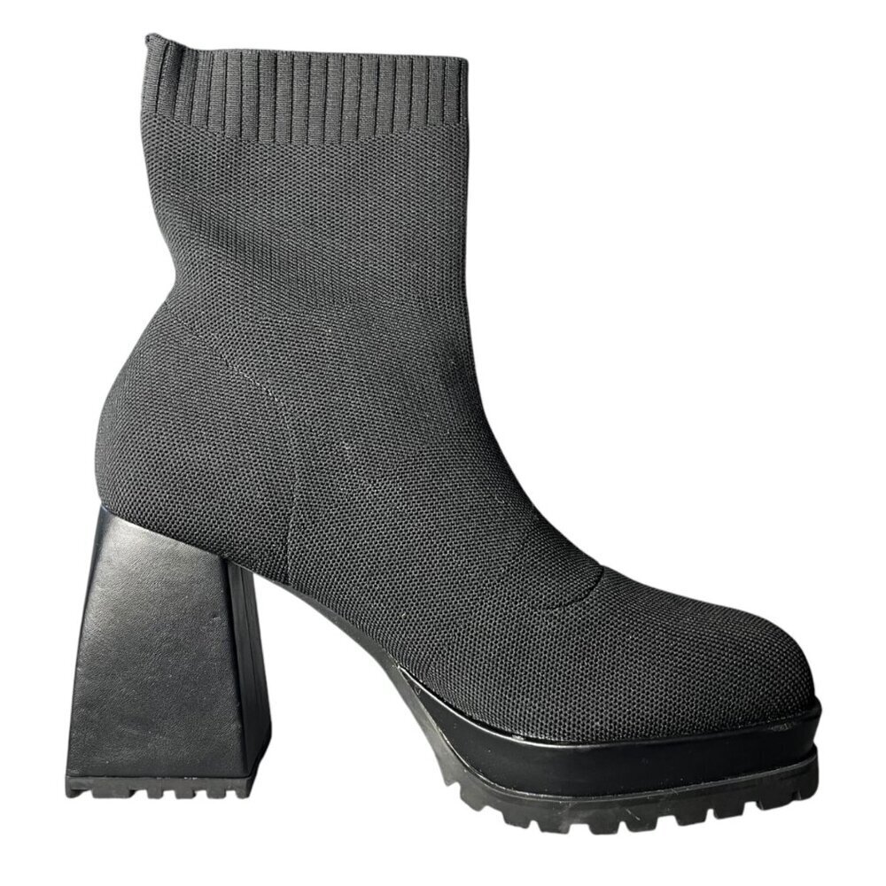 Womens 8.5 Sock Boots Platform Chunky Heel Booties Square Toe Slip On Black - Picture 5 of 9